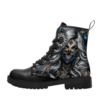 Chicano Tattoo Girl Skull Mask Combat Boots - Blue Eyes Silver Hair Art Shoes BOOTS-25025054-9