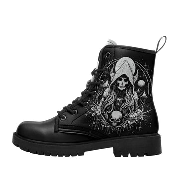 Gothic Grim Reaper & Moon Combat Boots - Occult Skeleton Tarot Shoes BOOTS-25025054-1