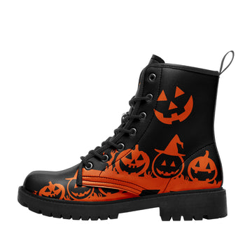 Halloween Pumpkin Patch Combat Boots – Orange Jack-o'-Lantern Black Lug Sole Boots - BOOTS-26025197-23