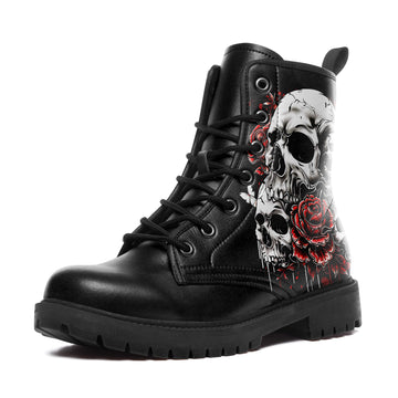 Tattoo Style Skull Cluster & Red Roses Combat Boots - Grunge Graphic Shoes BOOTS-24023001-3