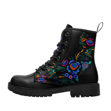 Embroidered Floral Print Combat Boots – Women's Bohemian Folk Art Black Lug Sole Boots - BOOTS-26025197-20