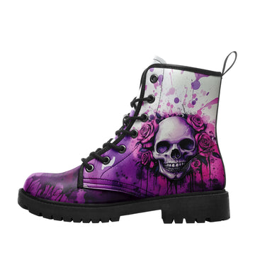 Purple Watercolor Skull & Roses Combat Boots - Artistic Splatter Shoes 058-6-25009073-10
