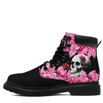 Personalized Black Work Boots with Pink Floral Skull Print, Padded Collar, Lace-Up Front and Chunky Lug Sole - 1921-26025198-8
