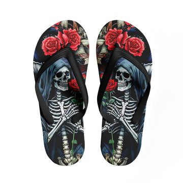 Toponepod Grim Reaper Rose Flip Flops | Custom Skeleton Sandals with Red Floral Art & Dark Hooded Skull Design | FN058-25023046-4