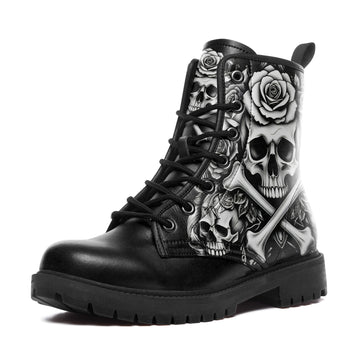 Gothic Skull & Crossbones Rose Combat Boots - Monochrome Tattoo Art Shoes BOOTS-25027041-2