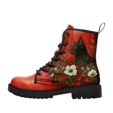 Crimson Red Black Cat & Floral Combat Boots - Vintage Botanical Art Shoes BOOTS-25023135-6
