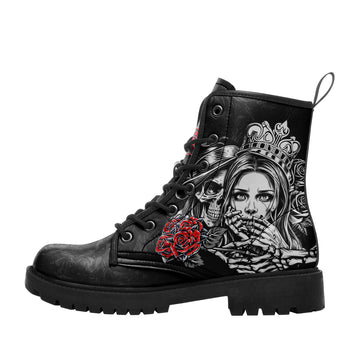 Gothic Queen & Skull Tattoo Combat Boots – Dark Romance Rose Lace-Up Ankle Boots - BOOTS-26025197-15