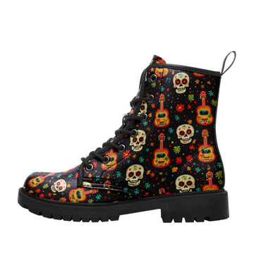 Sugar Skull & Acoustic Guitar Pattern Combat Boots - Mexican Mariachi Music Shoes 058-6-25009040-3