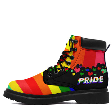 Personalized Rainbow Pride Work Boots, Colorful Heart Print Lace-Up Ankle Boots with Black Lug Sole - 1921-26025198-19