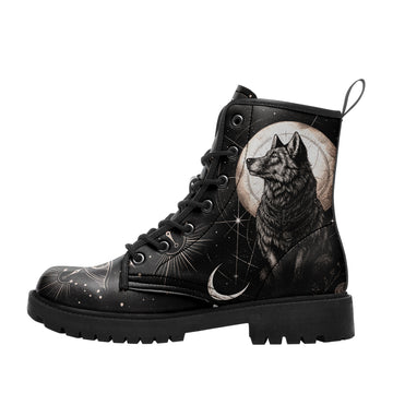 Celestial Wolf & Moon Phase Combat Boots - Mystic Eye Stars Shoes BOOTS-25023135-2