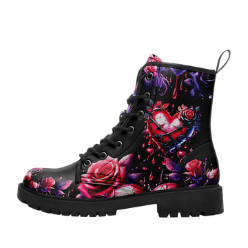 Gothic Bleeding Heart & Barbed Wire Combat Boots - Purple Rose Thorn Shoes BOOTS-24023007-7