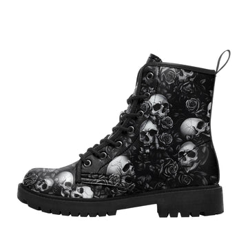 Black & White Skull and Roses All-Over Print Combat Boots - Monochrome Gothic Shoes 058-6-25009073-9