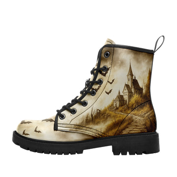 Vintage Haunted Castle & Bats Combat Boots - Sepia Gothic Horror Shoes BOOTS-25023135-10
