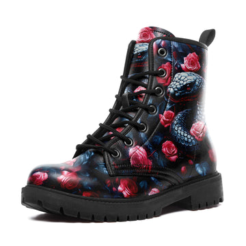 Blue Viper & Pink Roses Combat Boots - Snake Floral Garden Shoes BOOTS-25027041-8