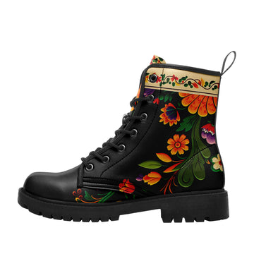 Slavic Folk Art Floral Combat Boots – Women's Lace-Up Lug Sole Ankle Boots (Black & White) - BOOTS-26025197-6