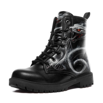 Menacing Grey Viper & Red Eyes Combat Boots - 3D Snake Smoke Shoes BOOTS-25027041-3