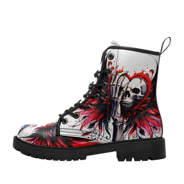 White Gothic Skull & Red Heart Combat Boots - Skeleton Hand Feather Art Shoes BOOTS-24025002-6