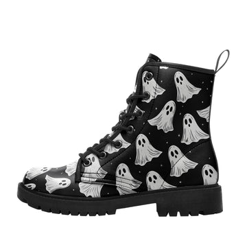 Black & White Classic Sheet Ghost Pattern Combat Boots - Spooky Halloween Shoes 058-6-25009051-6