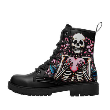 Skeleton Hugging Pink Heart Combat Boots - Neo Traditional Tattoo Art Shoes BOOTS-24023007-10