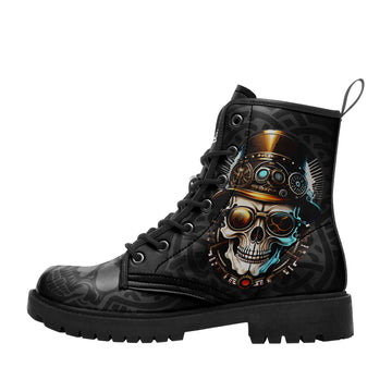 Steampunk Skull & Goggles Combat Boots - Industrial Gear Top Hat Footwear BOOTS-24025002-7