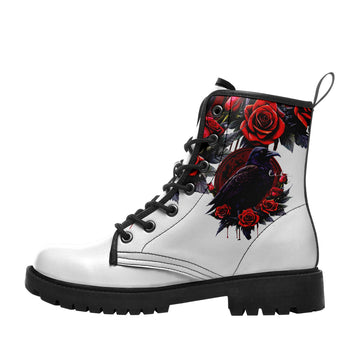 Gothic Raven & Red Rose Combat Boots – Women's Lace-Up Lug Sole Ankle Boots (Black & White) BOOTS-26025197-4