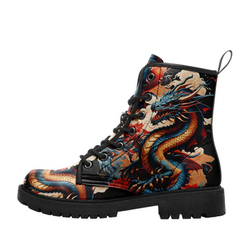 Japanese Azure Dragon Tattoo Combat Boots – Ukiyo-e Mythical Cloud Lug Sole Boots - BOOTS-26025197-14