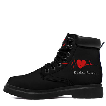 Personalized Black Padded Collar Work Boots with Red Heartbeat Graphic, Lace-Up Front and Chunky Lug Sole - 1921-26025198-2