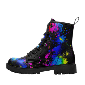Neon Paint Splatter Art Combat Boots - Colorful Abstract Drip Shoes 058-6-25009075-9