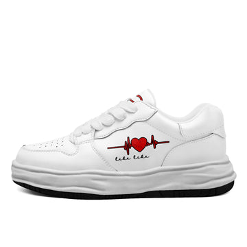 Personalized Love-Themed Chunky Sneakers, Customizable White Lace-Up Shoes with Heartbeat Artwork - FN032-26025200-1w