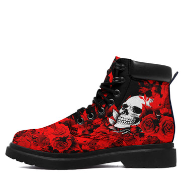 Personalized Red Rose Skull Work Boots, Black Lug Sole Lace-Up Ankle Boots with Padded Collar - 1921-26025198-15