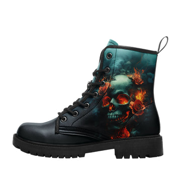 Teal Smoke & Flaming Skull Combat Boots - Fire Rose Dark Fantasy Shoes 058-6-25009073-5