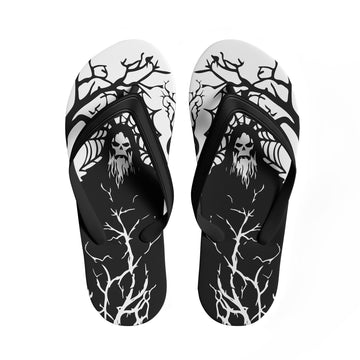 Toponepod Haunted Forest Skull Flip Flops | Black & White Grim Sandals with Spooky Tree and Demon Art | FN058-25023046-3