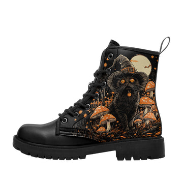 Halloween Black Cat & Witch Hat Combat Boots - Orange Mushroom Autumn Shoes BOOTS-25023135-5