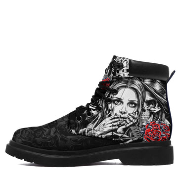 Personalized Black Work Boots with Gothic Skull and Rose Artwork, Padded Collar, Lace-Up Front and Chunky Lug Sole - 1921-26025198-13