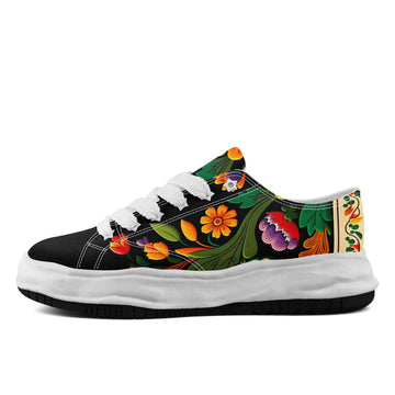 Personalized Colorful Floral Platform Sneakers, Custom Black Low-Tops for Folk Art Lovers and Unique Style Gifts - FN038-26025199-5w