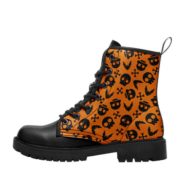 Halloween Skulls & Bats Pattern Combat Boots - Orange Spooky Icon Shoes BOOTS-24025002-3