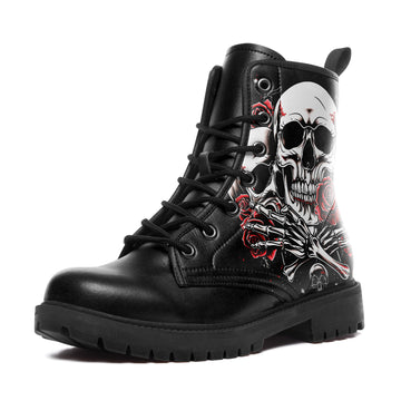 Skull & Crossed Skeletal Hands Combat Boots - Red Rose Tattoo Art Shoes BOOTS-24023001-4