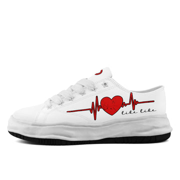 White Chunky Platform Sneakers with Red Heartbeat Graphic and Black Fat Laces - FN038-26006302-6w
