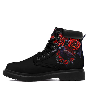 Personalized Padded Collar Work Boots with Gothic Raven and Red Rose Print, Black Upper, Lace-Up Front and Lug Sole - 1921-26025198-4