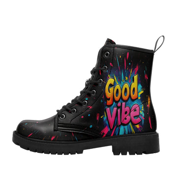 Good Vibe Graffiti Text Combat Boots - Colorful Neon Paint Splatter Shoes 058-6-25009075-6