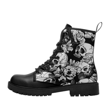 Black & White Skull & Rose Floral Combat Boots - Monochrome Gothic Pattern Shoes BOOTS-25025054-5