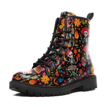 Dancing Catrina Skeleton & Marigold Combat Boots - Day of the Dead Shoes 058-6-25009040-5