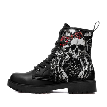 Twin Skulls & Red Roses Tattoo Combat Boots - Skeleton Hand Art Shoes BOOTS-24023001-4