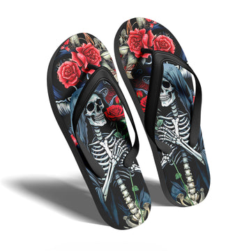 Toponepod Grim Reaper Rose Flip Flops | Custom Skeleton Sandals with Red Floral Art & Dark Hooded Skull Design | FN058-25023046-4