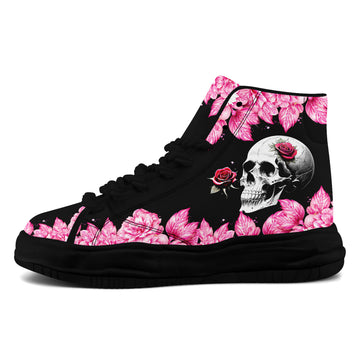 Black Chunky Platform High-Top Sneakers with Pink Floral Skull Artwork - FN039A-26006303-7b