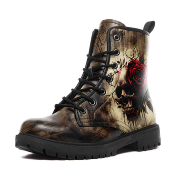 Distressed Sepia Skull & Red Rose Combat Boots - Vintage Grunge Art Shoes 058-6-25009073-3