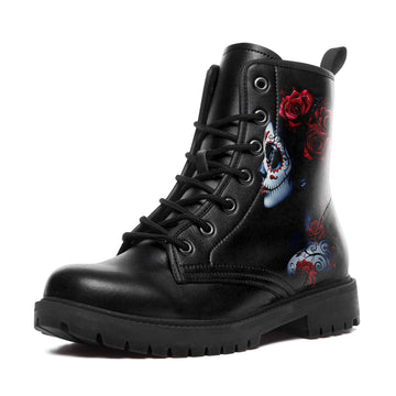 La Catrina Sugar Skull Portrait Combat Boots - Red Rose Tattoo Art Shoes 058-6-25009040-6