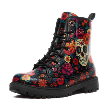 Day of the Dead Sugar Skull & Marigold Combat Boots - Dia de los Muertos Shoes 058-6-25009040-1