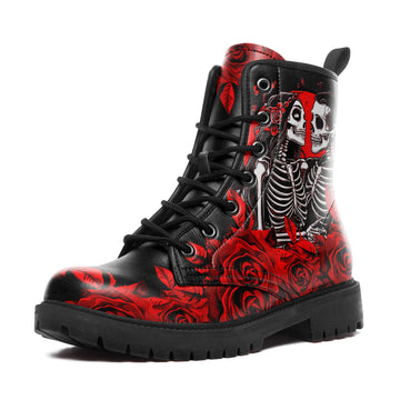 Skeleton Couple Kissing Red Rose Combat Boots - Gothic Wedding Lovers Shoes BOOTS-24023007-4