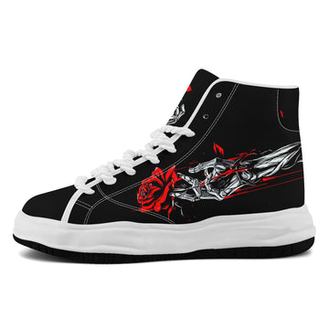Black Chunky Platform High-Top Canvas Sneakers with Red Rose and Skeleton Artwork - FN039A-26006303-3w
